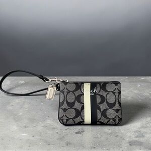 Coach Black and Cream Signature Stripe Wristlet